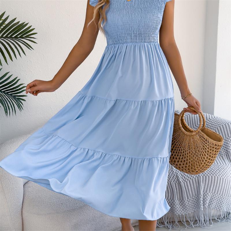 2026 Spring/Summer Women's Solid Color Black Fungal Edge Flying Sleeve Pulling Waist Skirt S-XL