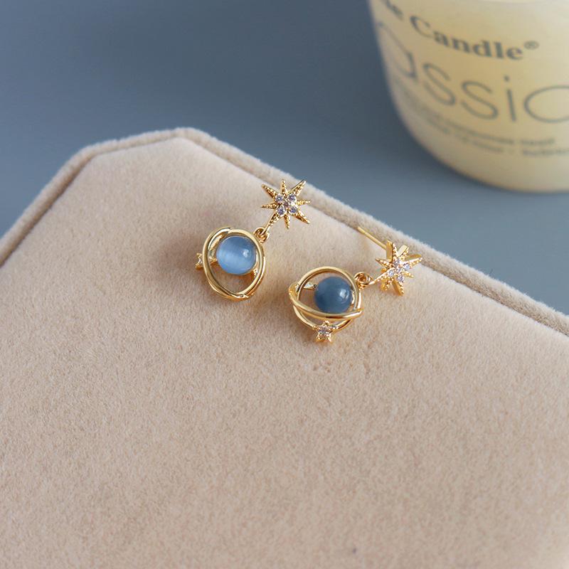 2024 Universe Galaxy Zircon 925 Silver Blue Cat's Eye Stud Earrings for Women