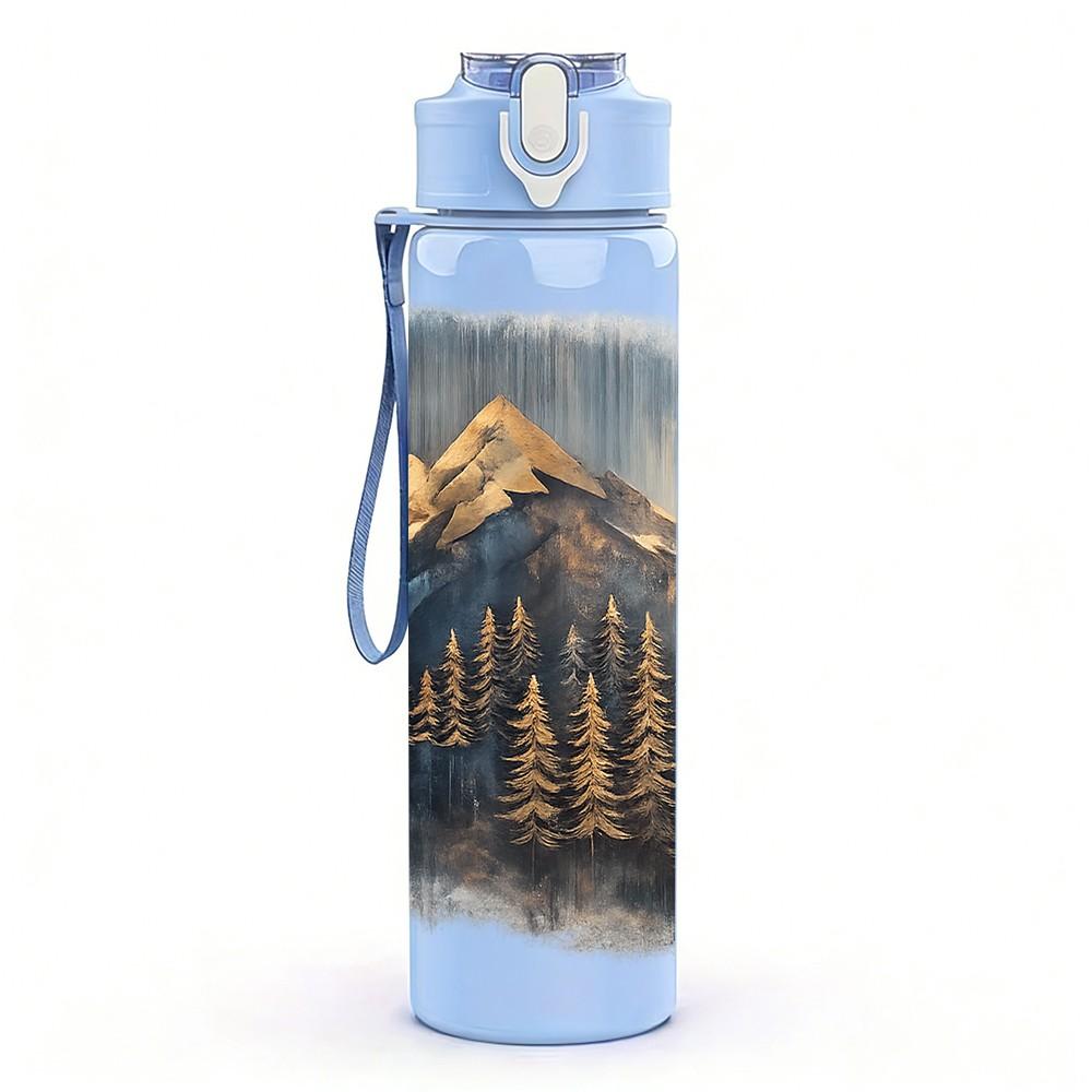 1PC Misty Mountain Forest Landscape 750ml Color Plastic Sports Water Bottle Leakproof Flip Straw Lid Suitable for Sports Office Home Use
