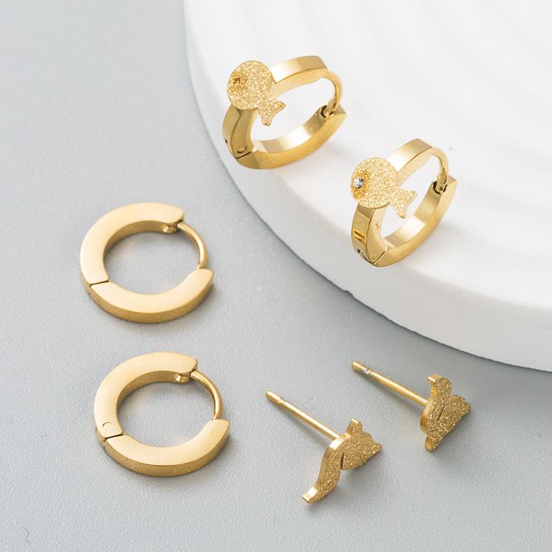 Women Simple Hoop Earrings Six-piece Set Stainless Titanium Steel Zircon Gold Color Fish Geometric Ear Ornaments