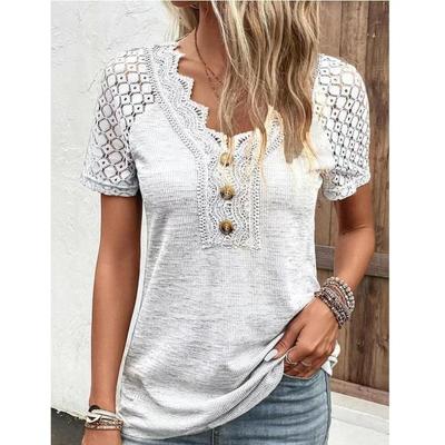 2023 Zomer Top Shirts V-hals T-shirt Vrouwen Kant Losse T-shirt Casual Solid Top Comfortabele Korte Mouw T-shirt 28315
