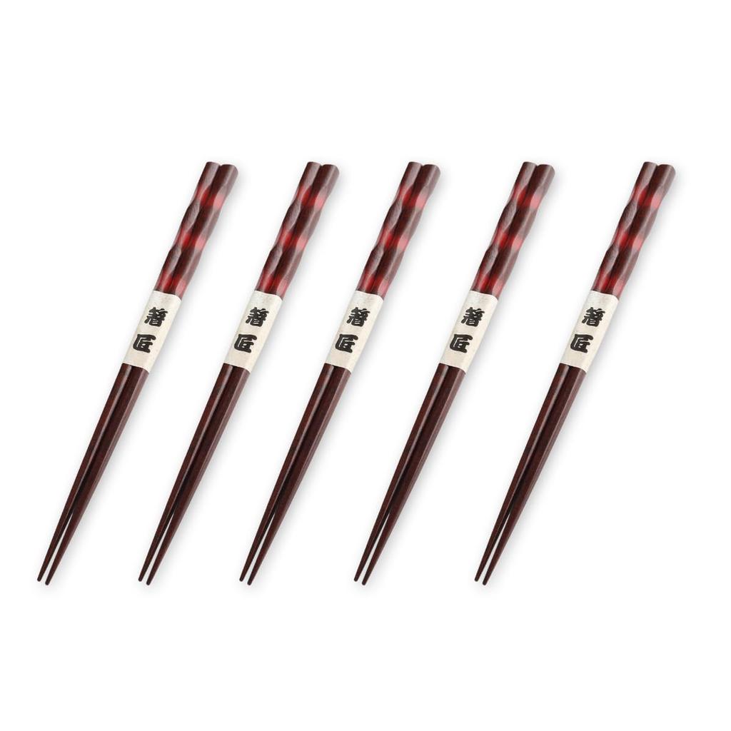 Wooden Set of Current Model J-kitchens Chisel-Carved Chopsticks, Vermilion, 5, 23cm,