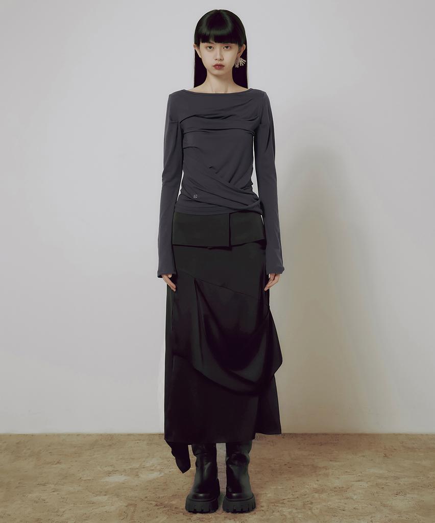 Peulleeoeob 2.Drape Layered Maxi Skirt (Fl-241_Black)