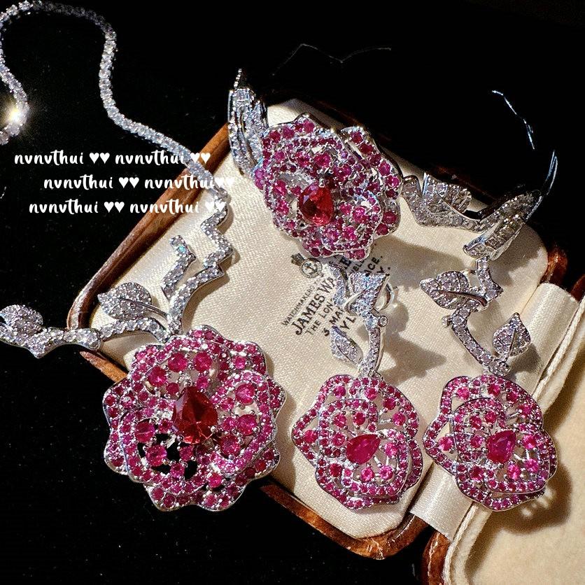 Rouge Magenta Rose Gemstone, Necklace, Antique, Plated With 18K Gold, Vintage Flower Para Zircon, Earrings.