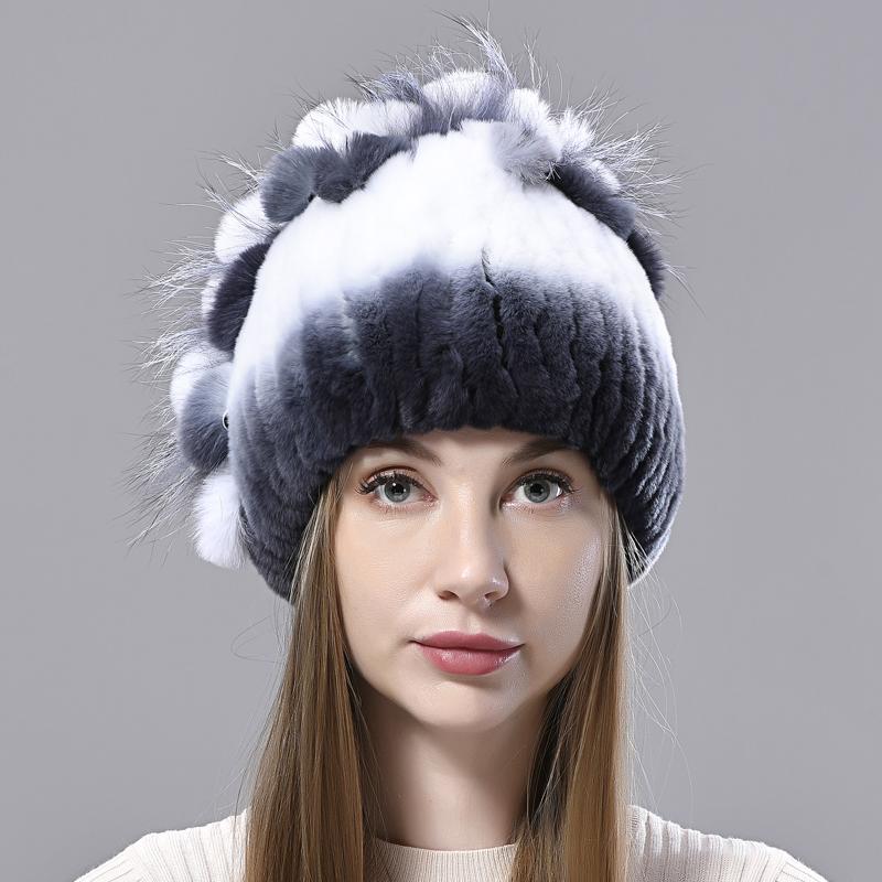 

Брендовые женские шапки из натурального меха кролика Рекс, зимние шапки из меха кролика Рекс, полосатый топ с цветочным мехом лисы, теплые вязаные шапки из натурального меха