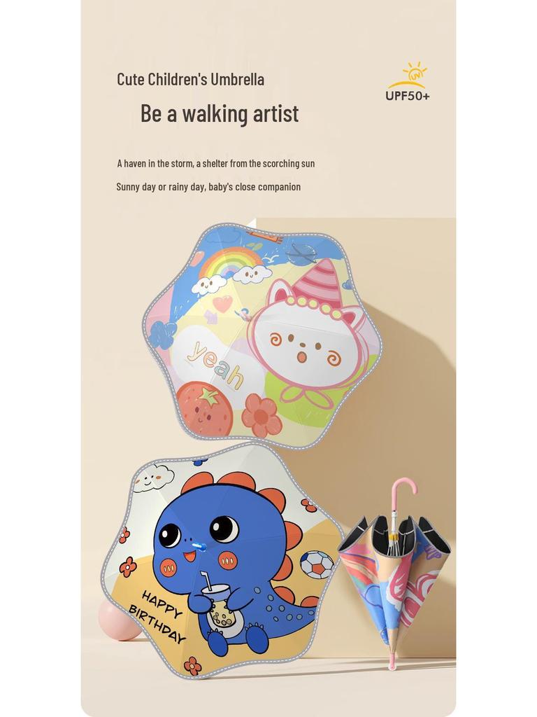 Children's Safety Cartoon Umbrella with Black Glue, Reflective Edging, and Crook Handle