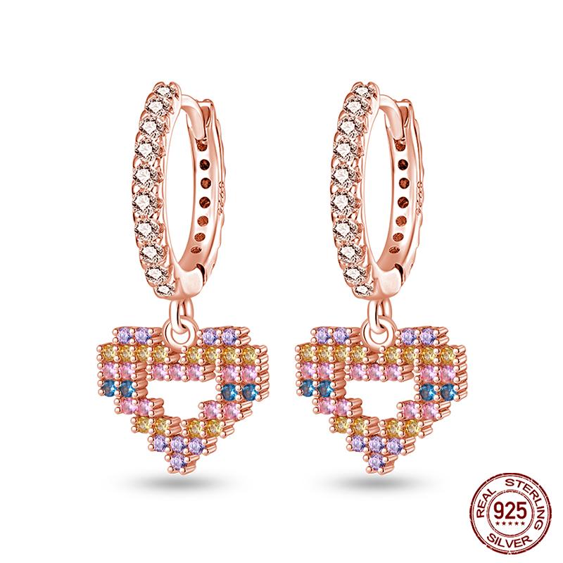 100% 925 Sterling Silver Rose Gold Heart Geometric Pave CZ Hoop Earrings For Women Wedding Engagement Birthday Jewelry Gift 2023