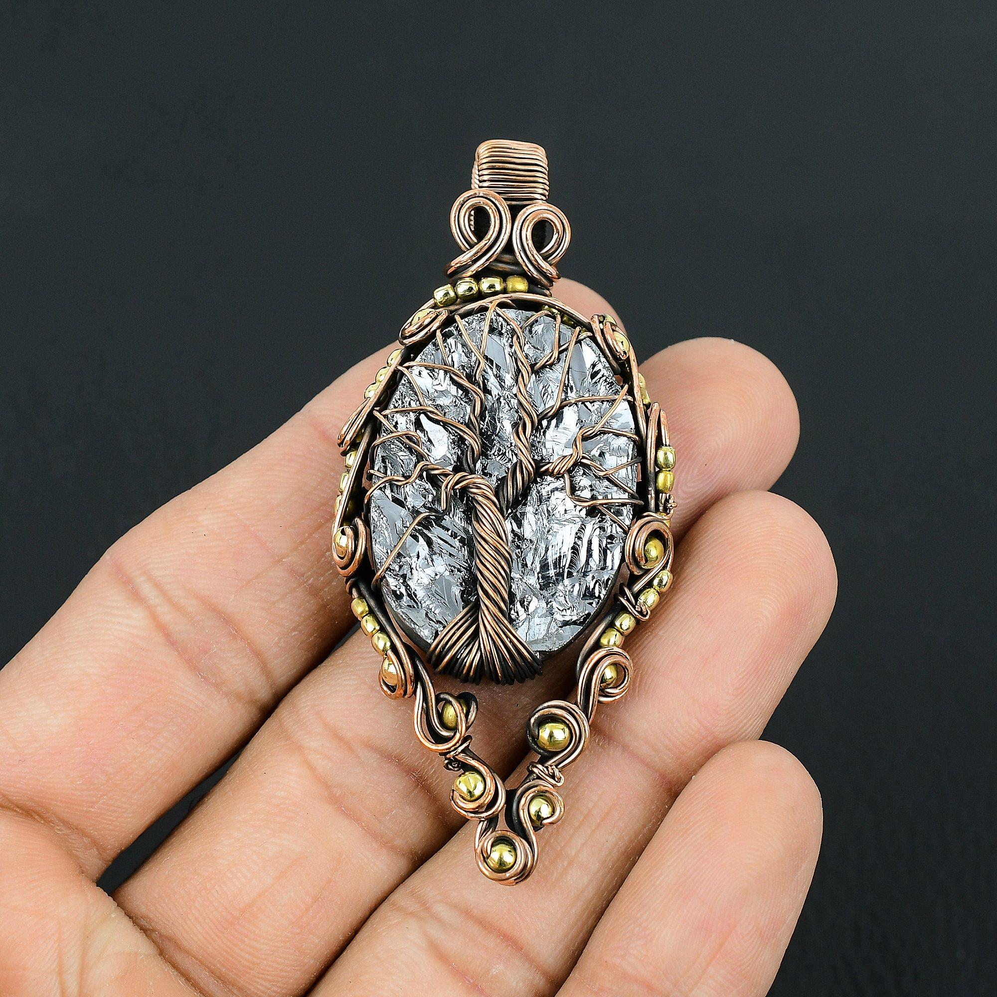 

Драгоценный камень шунгит ручной работы из чистой медной проволоки, завернутый в подвеску, ювелирное изделие на День памяти 2.56 Inches чёрный