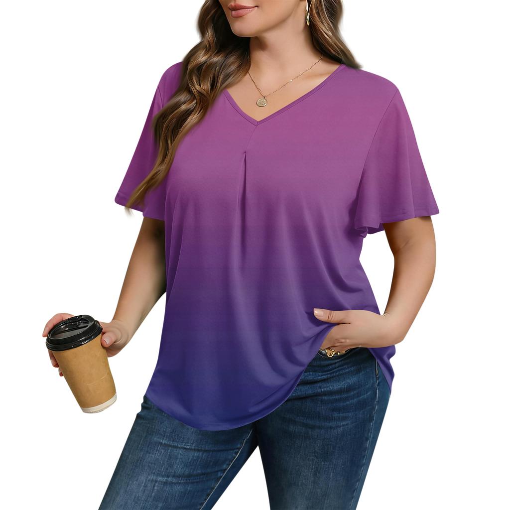 Damska Modna Codzienna Luźna Bluzka Plus Size z Krótkim Rękawem Elegancka z Dekoltem V Do Pracy