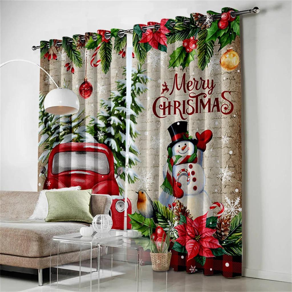 Happy New Year Christmas Santa Celebration Holiday Curtains Living Room Custom Window Drapes Fabric Home Decor 2 Panels