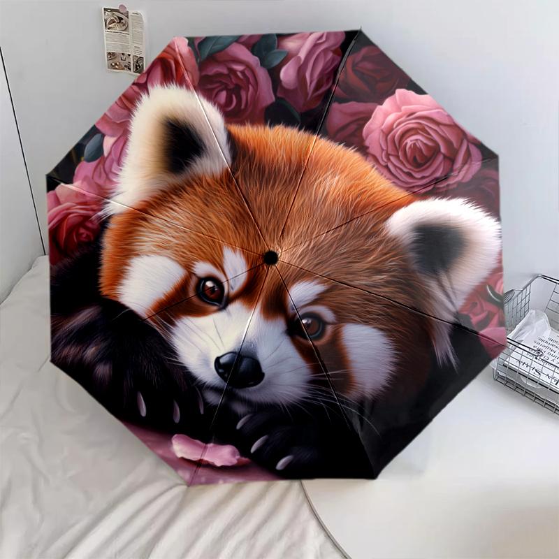 Red Panda and Rose pattern, automatic folding umbrella, portable and foldable design, 8 ribs, a Christmas or birthday gift.