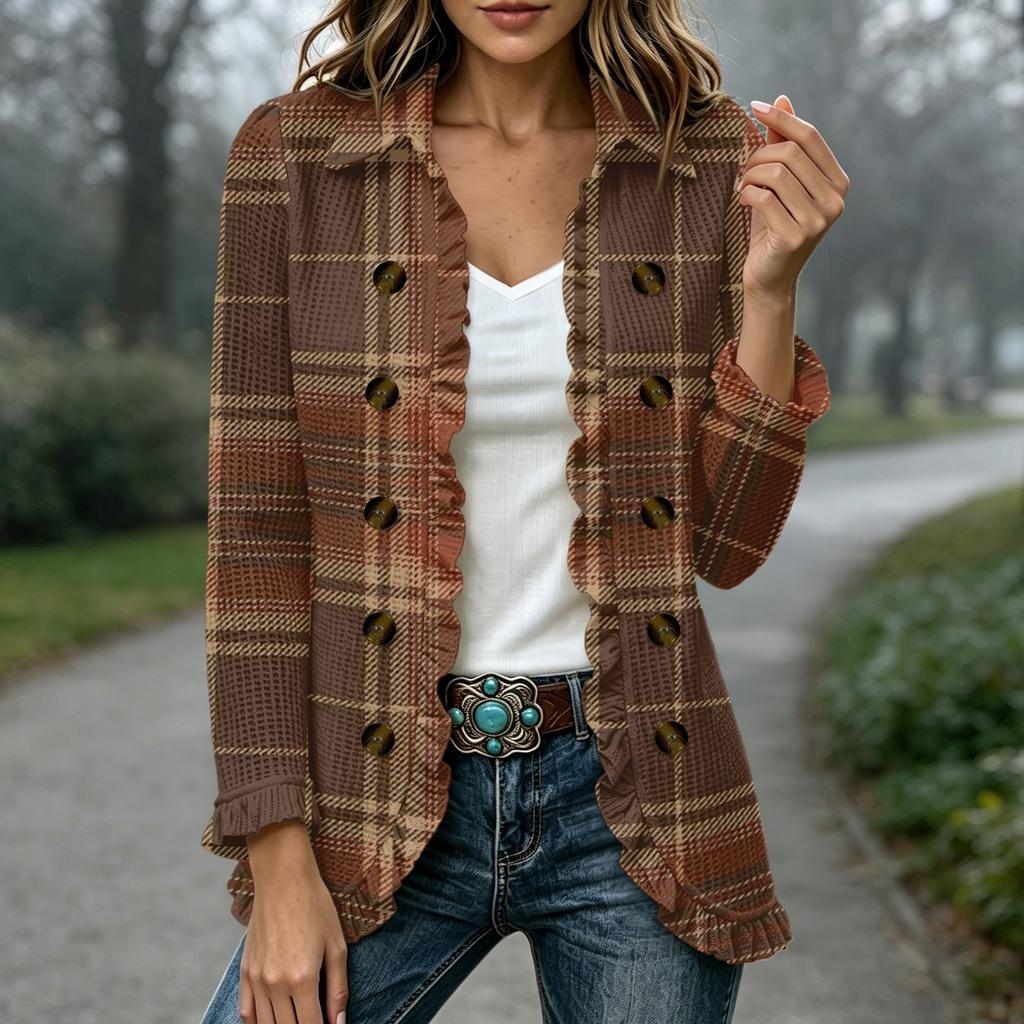 Women's Fashion Plaid Print Long Sleeve Ruffle Open Front Cardigan Outerwear for Everyday Wear