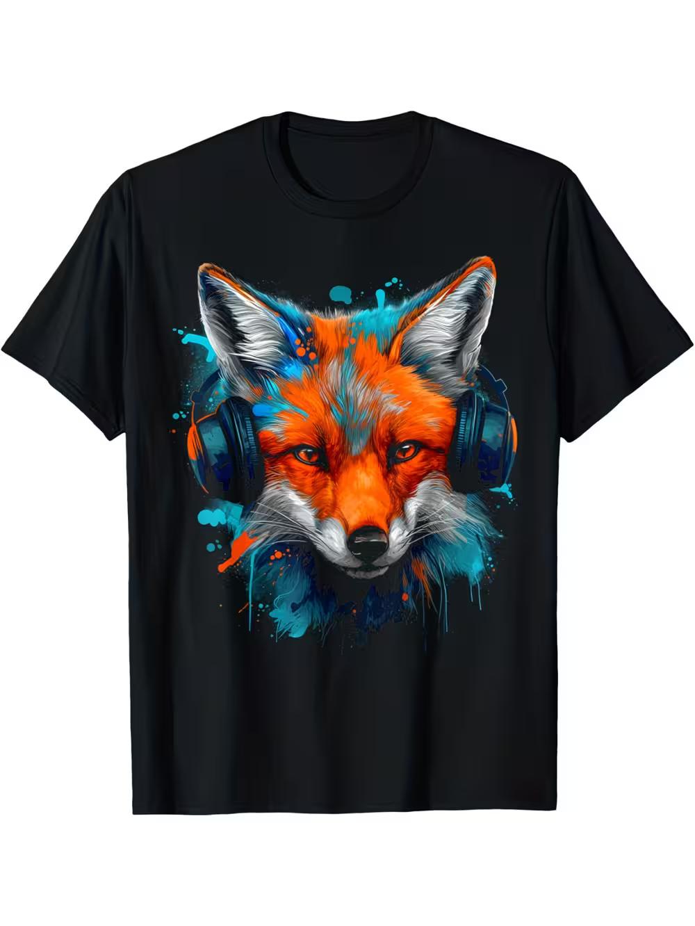 T-Shirt Featuring a Fox Design with Music-Themed Headphones S