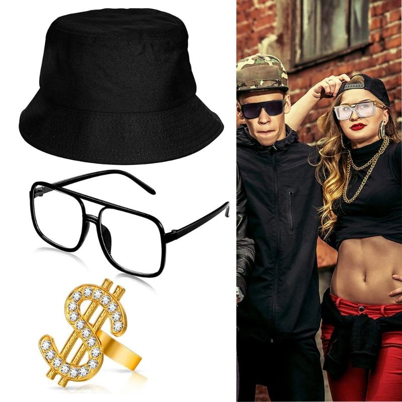 7pcs Hip Hop Costume Kit 80s/90s Outfits Cool Rapper Accessories Sunglasses Gold Plated Dollar Sign Chain Rings Necklace