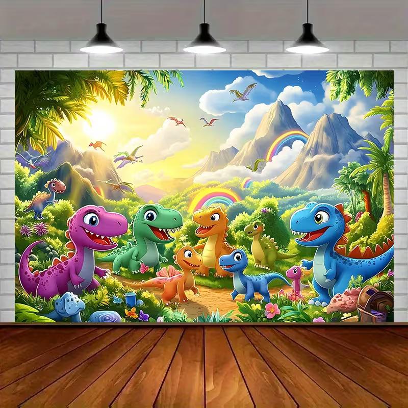 

Vibrant Dinosaur World Backdrop Kids Jungle Landscape with Rainbow Photo Booth Background Banner for Party Decoration 47.2x31.5inch/120*80cm