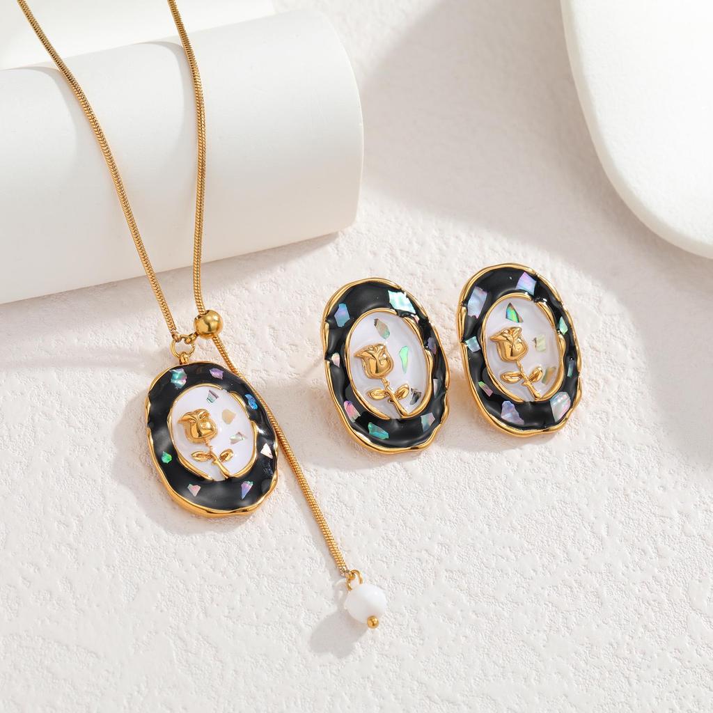 Elegant 18K Gold Vintage Stainless Steel Geometric Oval Jewelry Set