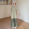 MODIQUE Summer Plus Size Women Loose Casual Patchwork Pleated Cotton Extended Length T-Shirt Long Dresses Female Oversize Short Sleeve O-Neck Dresses