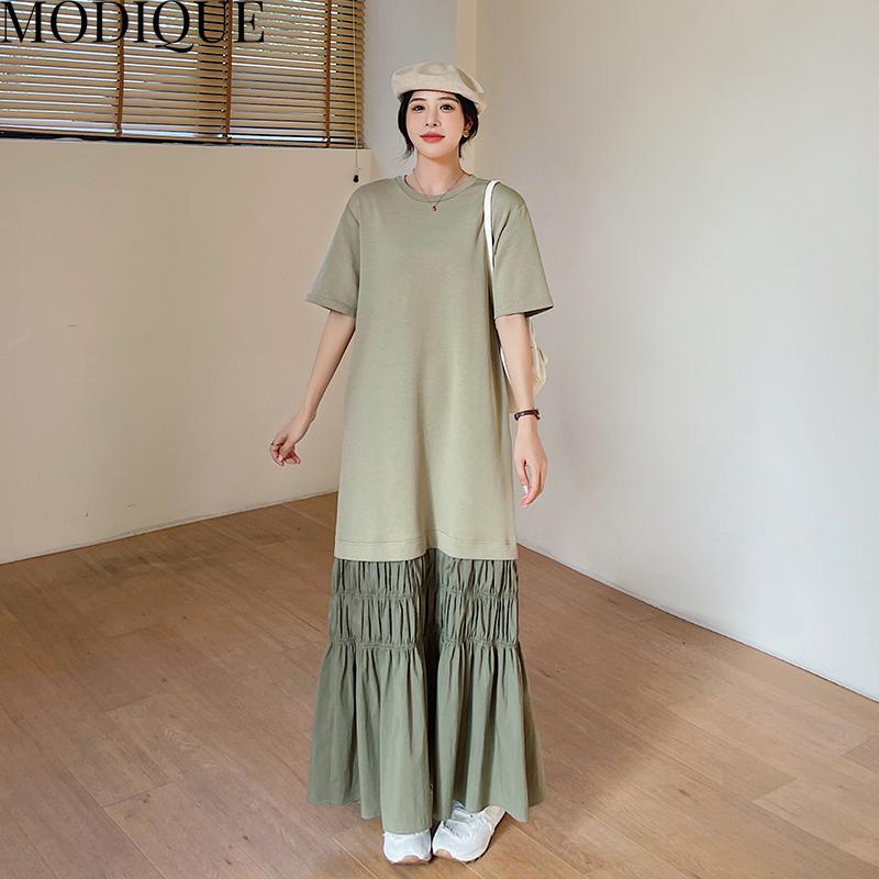 MODIQUE Summer Plus Size Women Loose Casual Patchwork Pleated Cotton Extended Length T-Shirt Long Dresses Female Oversize Short Sleeve O-Neck Dresses
