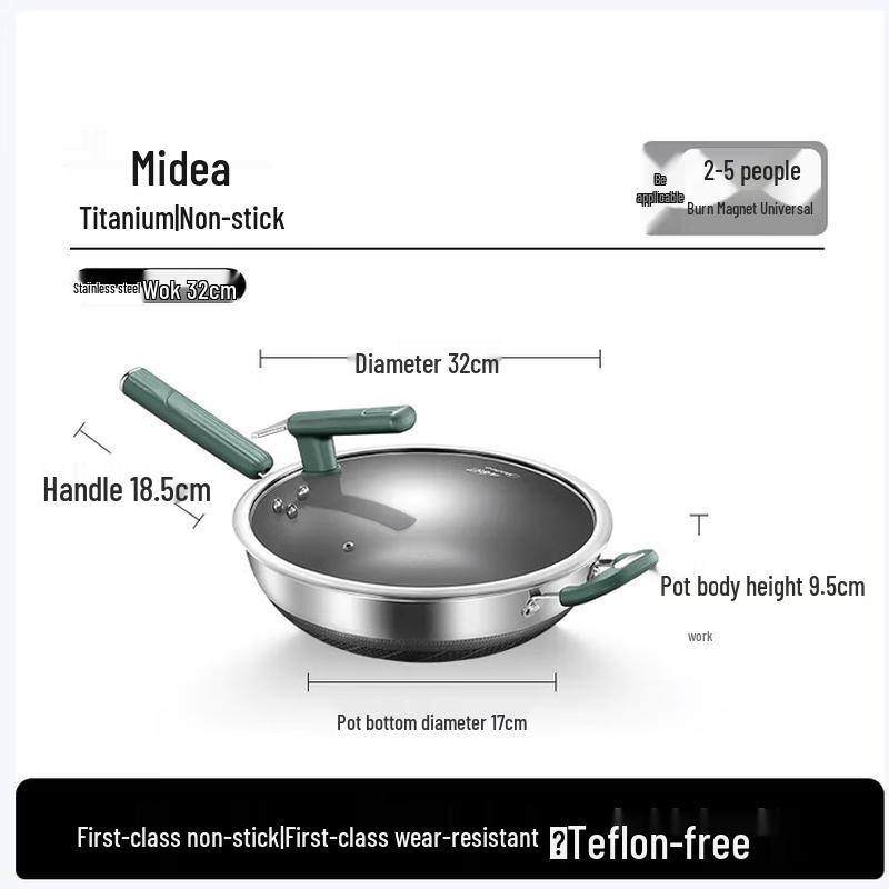 Midea 32CM Titanium Stainless Steel Non-Stick Wok
