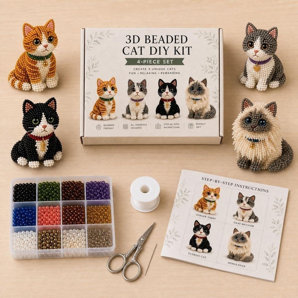 Kit Fai da Te Gatto con Perline 3D con 4 Modelli Animali Set Completo per Artigianato Include Perline Filo Istruzioni e Strumenti per Progetti Fatti a Mano