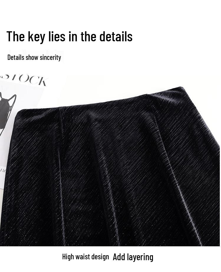 Black High-Waisted A-line Velvet Skirt - Elegant Mid-Length Design for Spring & Autumn