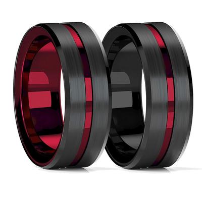 Anillo de Boda Negro de Tungsteno con Borde Biselado y Ranura Roja de 8 mm para Hombres Anillo de Compromiso de Acero Negro Cepillado Banda de Boda para Hombres