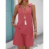 Western Spring Summer Fall New Solid Color Craft Fabric Double Pocket Sleeveless Top and Shorts, Vacation Style Elegant Casual Set
