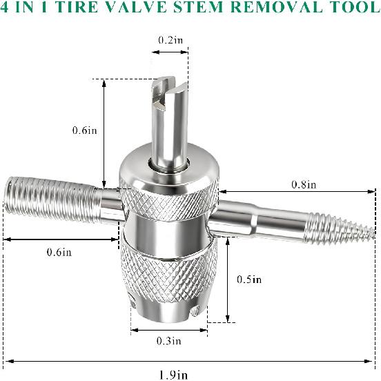 4-Way Tire Valve Tool, 4-in-1 Automobile Valve Core Remover Installer Tire Stem Puller, 4 Way Multifunctional Tyre Stem Core Wrench Repair Tool for