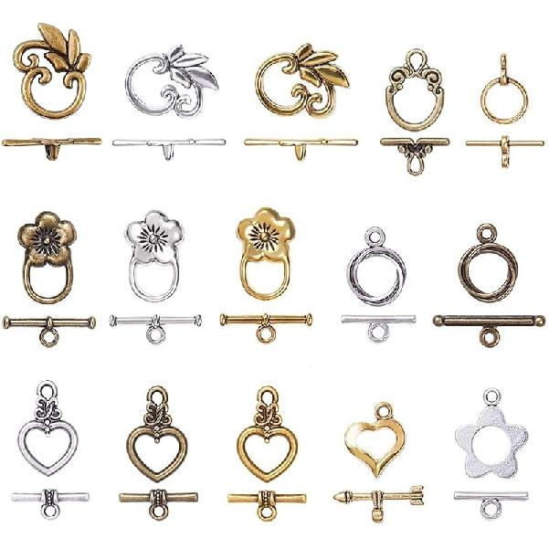 PH PandaHall 60 Sets Toggle Clasp, 15 Styles T-bar Closure Clasps IQ Toggle Clasps Flower Heart Clasps Fastener Hook Toggle Connectors TBar End Antique Silver/Golden/Bro
