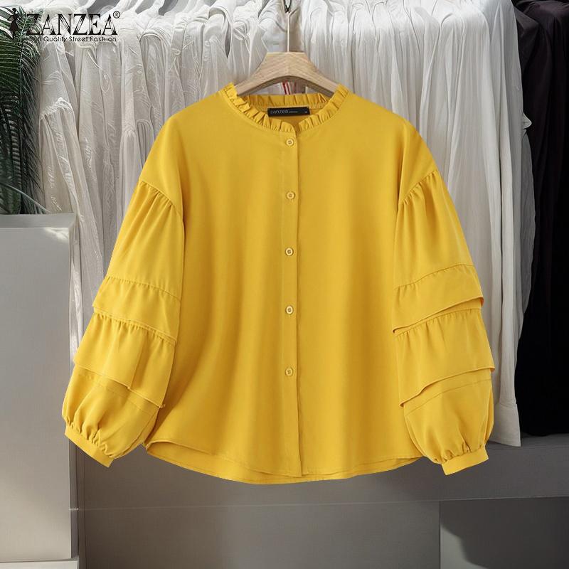 ZANZEA Cămăși cu mânecă lungă cu volan, vară, cu gât rotund