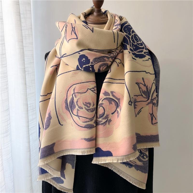 New thickened printed scarf, a women's imitation cashmere flower scarf in autumn and winter