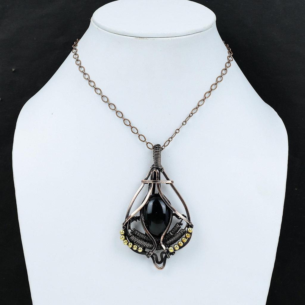 Black Obsidian Pendant Copper Wire Wrapped Gemstone Pendant Handmade Pendant Copper Jewelry Unique Style Pendant Wire Wrap Jewelry For Gift