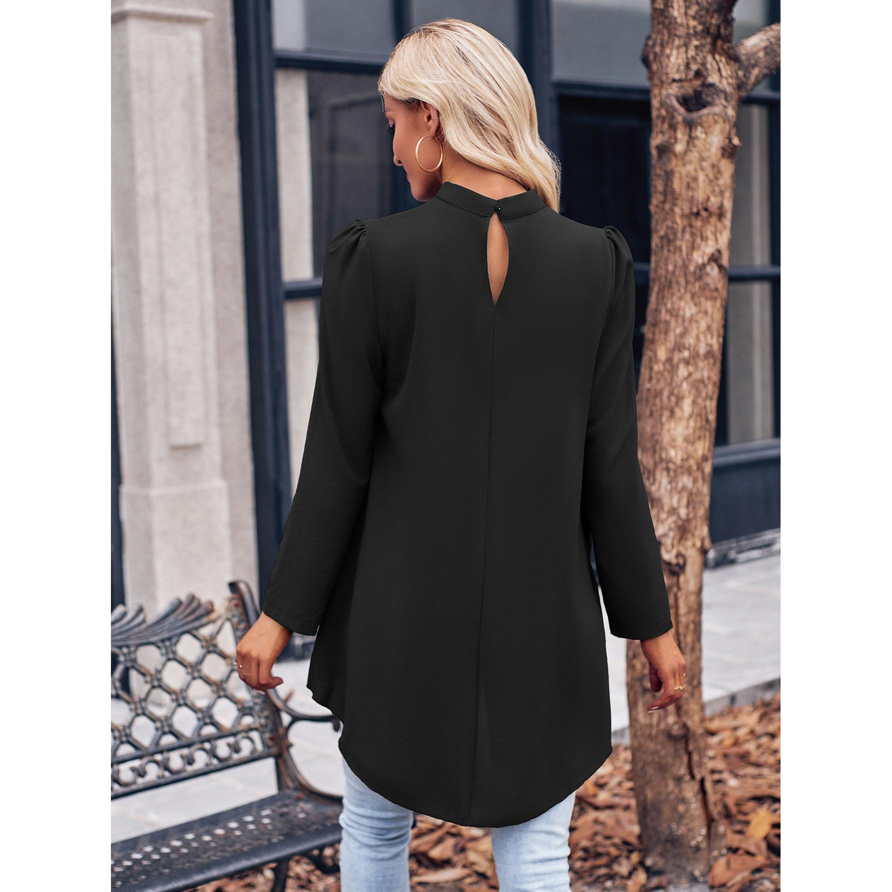 Повседневная женская модная однотонная рубашка с высоким воротником и длинными рукавами — фото 6