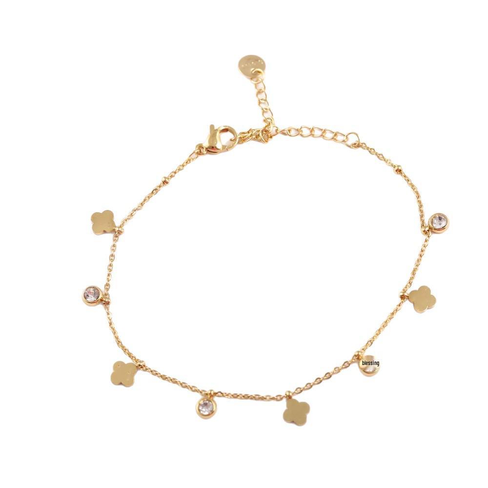 Luxurious Double-Layer Four-Leaf Clover Zircon Bracelet for Women, Stainless Steel Elegant Versatile Jewelry