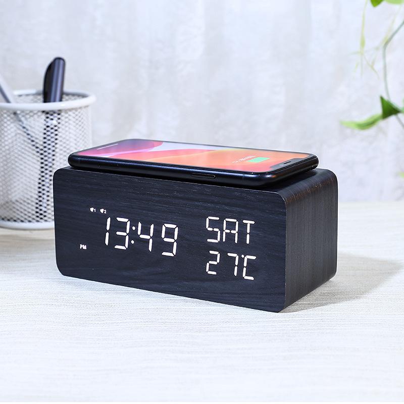 Wireless Charging Electronic Clock Creative Wooden Wireless Charging Clock Digital Clock Perpetual Calendar Sleep Alarm Clock