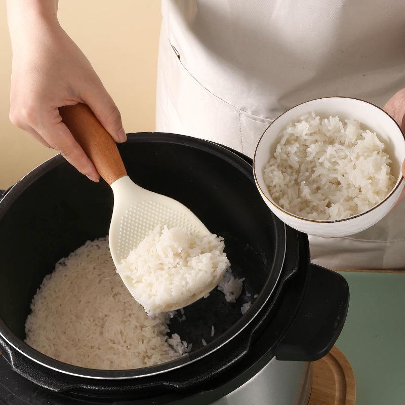 Silicone Rice Spoon Paddle with Wooden Handle Nonstick Heat Resistant Anti-scalding Rice Scooper Hanging Rice Cooker Spatula