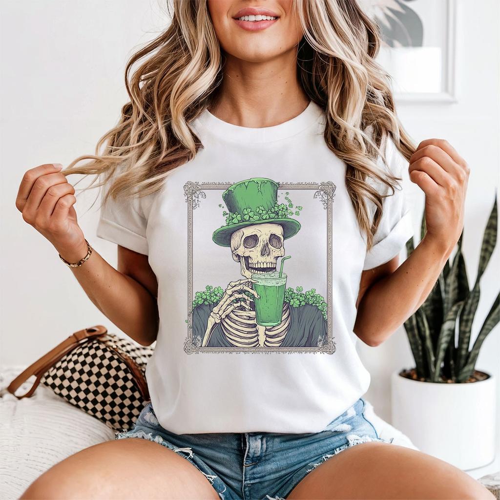 St Patricks Day Skeleton Shamrocks Womens 100% Cotton T-shirt Mens Tees Top Holiday Party