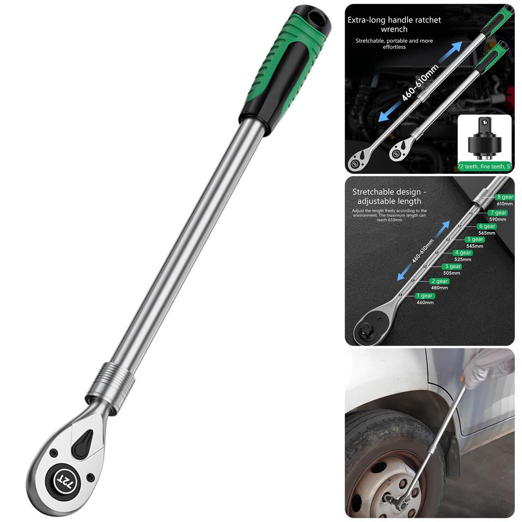 Long Handle Ratchet Wrench 72 Teeth Mechanism Construction 8 Stage Length Adjustment Nonslip Rubber Handle For Mechanics