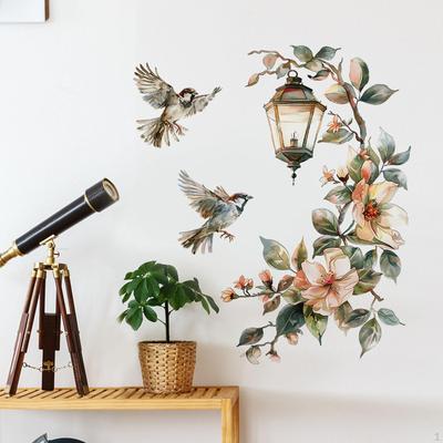 Muursticker met bloemenvogels, decoratie, waterdicht, PVC, bloemendecals voor speelkamerachtergrond