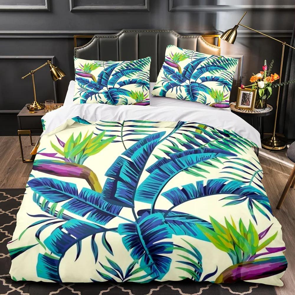 Tropical Plants Floral King Queen Duvet Cover Green Palm Leaves Bedding Set Cream-Colored Flowers 2-3Pcs Polyester Quilt Cover