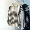 BF Lazy Style Striped Polo Collar Long Sleeve Sweatshirt for Women - Autumn/Winter Fleece Lined Loose Casual Korean Half Zip Top