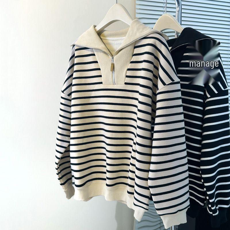 BF Lazy Style Striped Polo Collar Long Sleeve Sweatshirt for Women - Autumn/Winter Fleece Lined Loose Casual Korean Half Zip Top