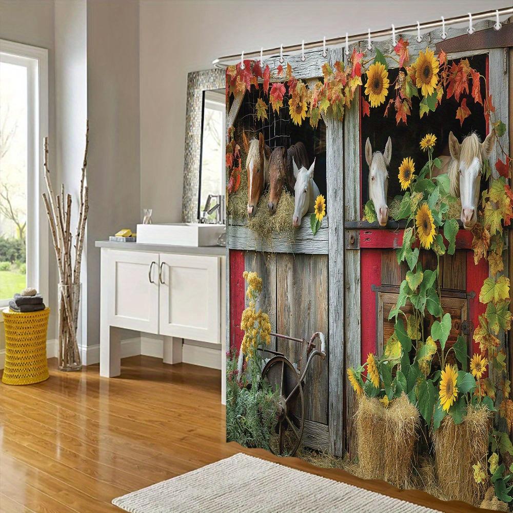 Rustic Barn Horse Shower Curtain -Waterproof,Mildew-Resistant With Sunflower And Autumn Leaf Design For Farmhouse Bathroom Decor