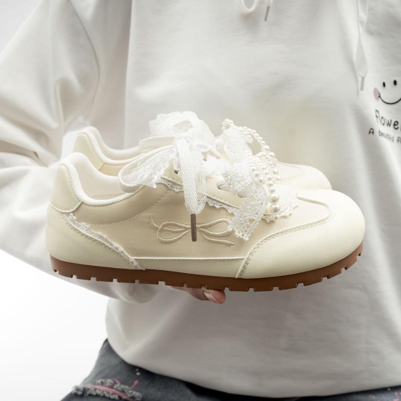 Pell satin pearl ribbon casual shoes Dexun shoes soft sole round head Forrest Gump shoes