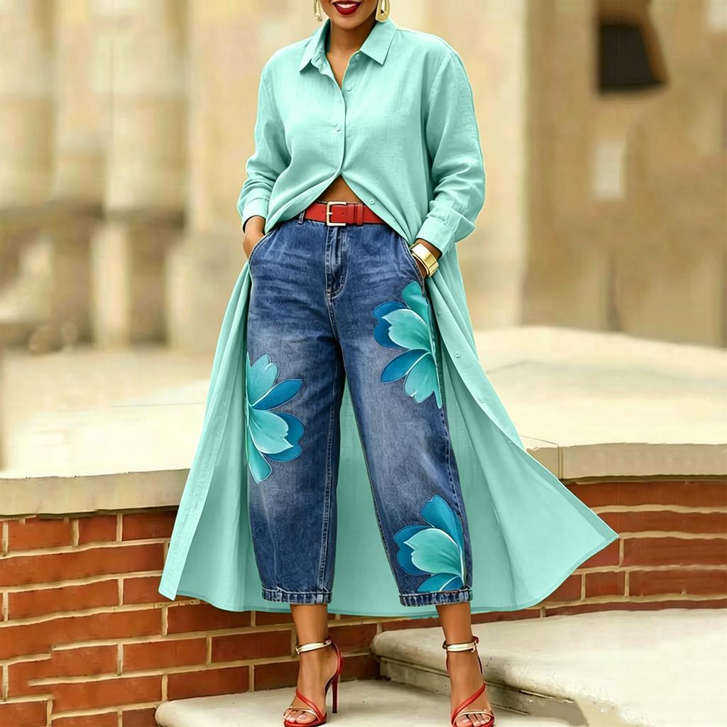 Women’s Denim Wide Leg Pants with Floral Print High Waist Casual Loose Fit Trousers for Everyday Wear Street Style