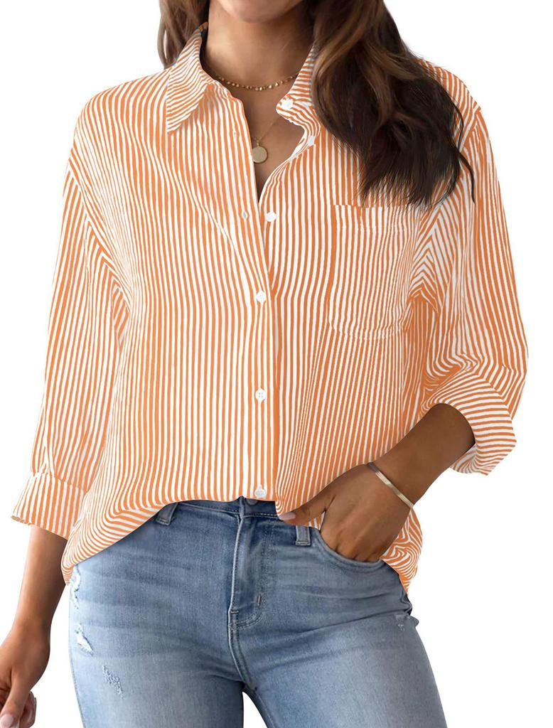 Women's Striped Long Sleeve Collared Button-Down Shirt with Pocket