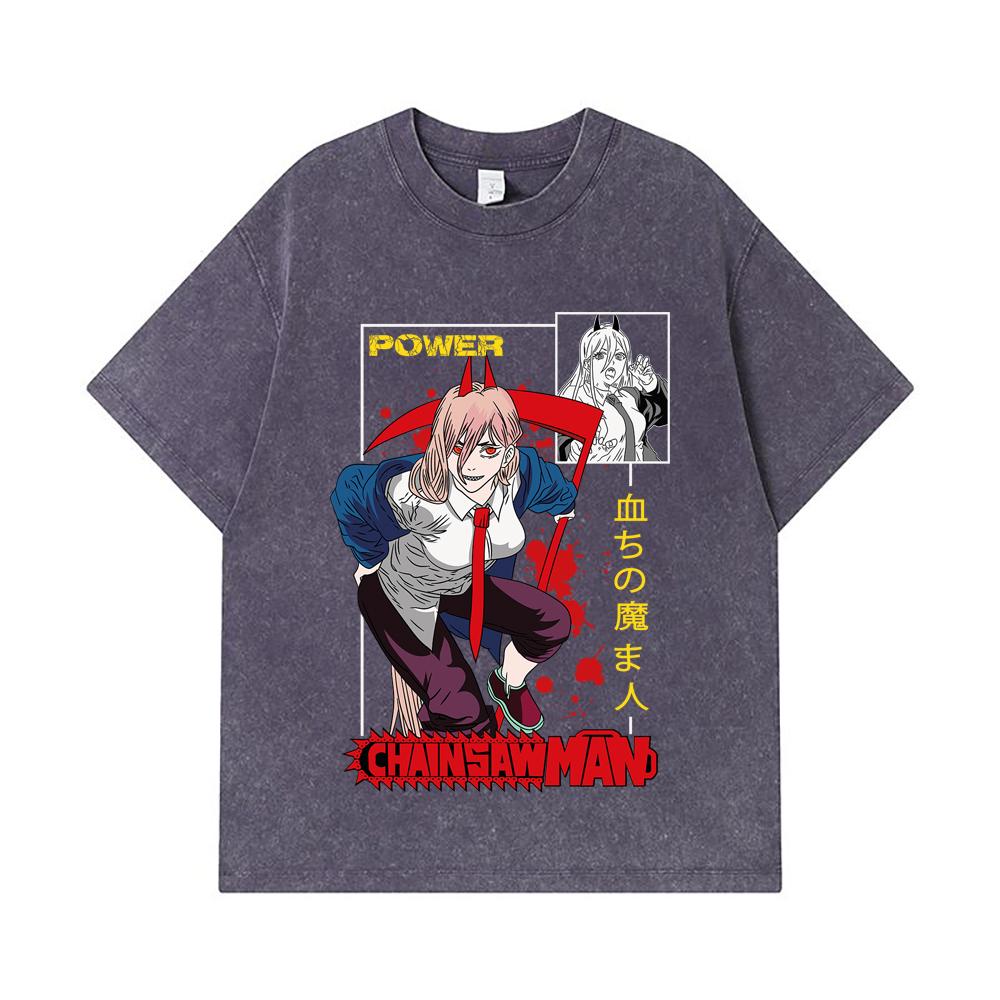 275 GSM Washed T-shirts 100% Cotton Chainsaw Man V40 Power Print Unisex Heavy Cotton T Shirt