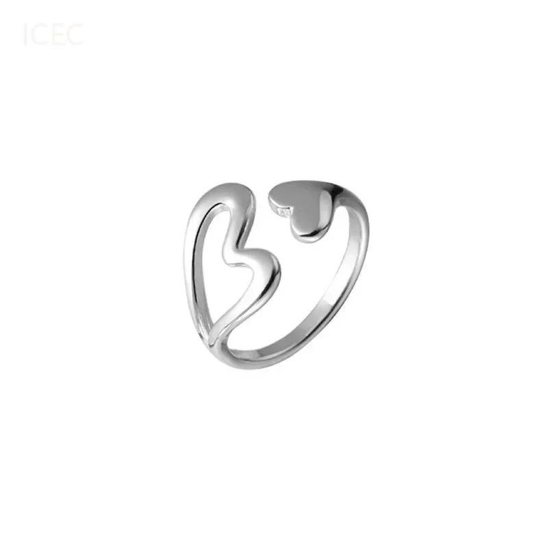 Real 925 Silver Hollow Heart Opening Adjustable Rings for Women Cute Fine Jewelry Minimalist Asymmetric Accessories resizable