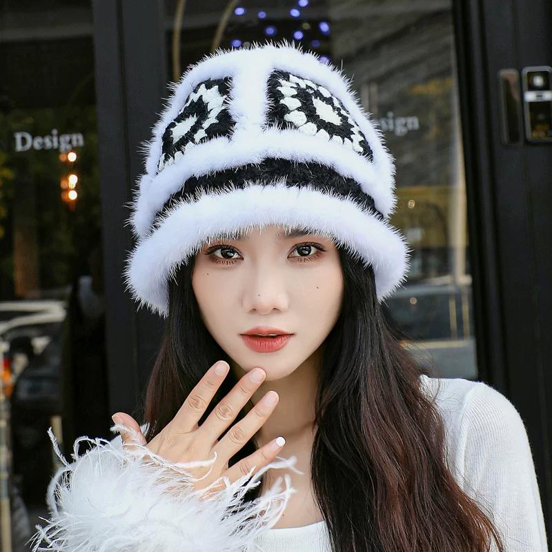 

Winter Mink Hair Lion Hat Female Cute Fashion Plush Knitted Hat Tiger Head Fur Hat Bucket Hat One Size білий