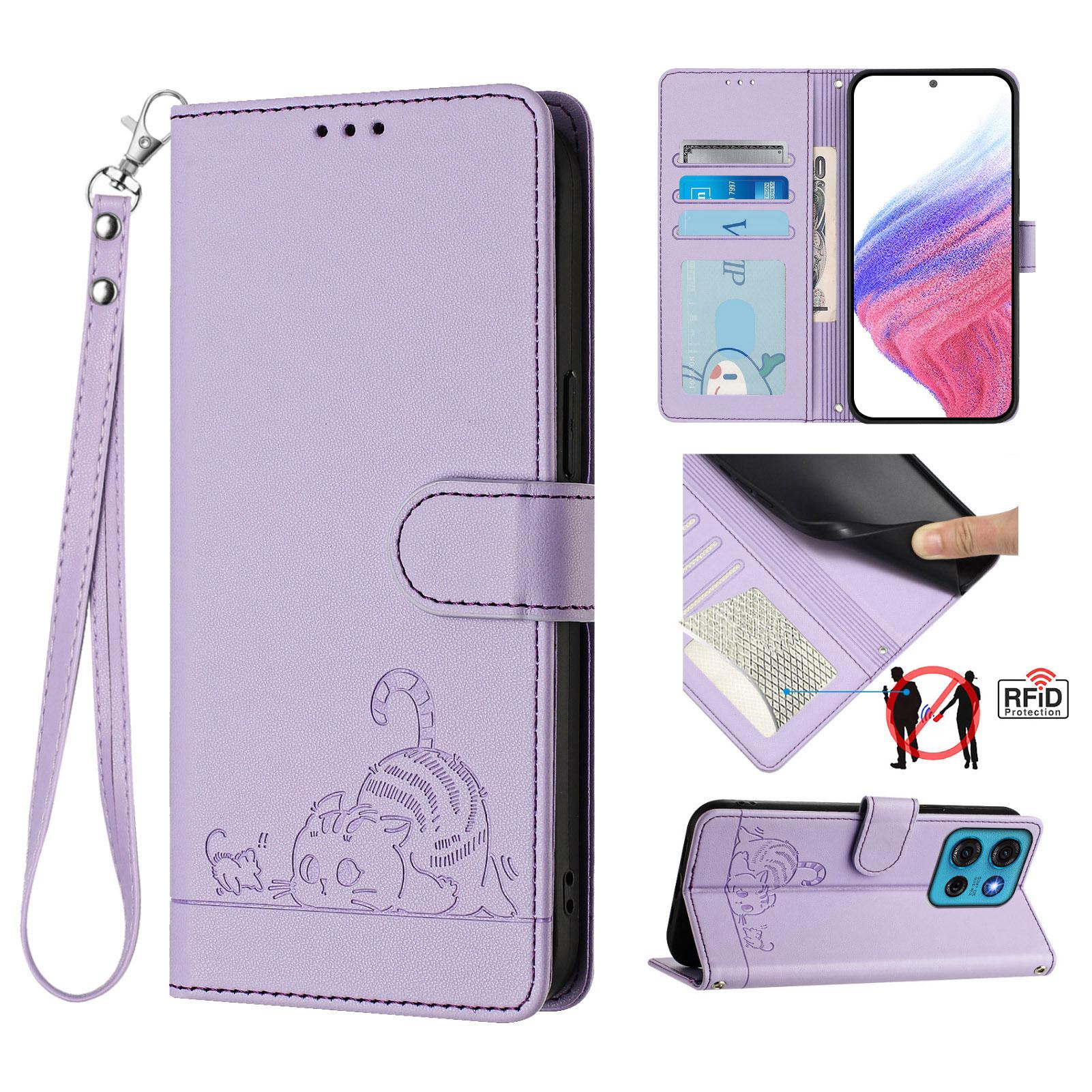 

For Motorola Moto G75 5G Case with Strap RFID Blocking Leather Wallet Phone Cover Cat Mouse Pattern Purple